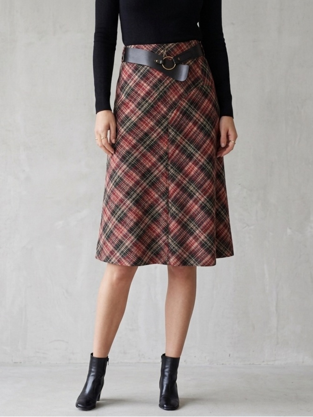 Jones Wear Plaid A-Line equestrian‎ Midi Skirt - Red Multi W/Belt Size 16 MWT